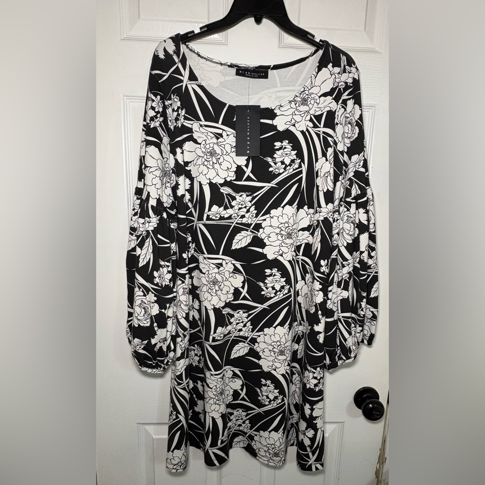NWT - Bryn Walker Modal Ponti Floral Round Neck Long Puff Sleeve Dress - Picture 2 of 10